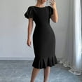 thumbnail image 6 of Uaswgudfs Women's Short Sleeve Fitted Midi Dress - Summer Casual Ruffled Hem & Pleated Accents, Knee-Length Style Black L, 6 of 9