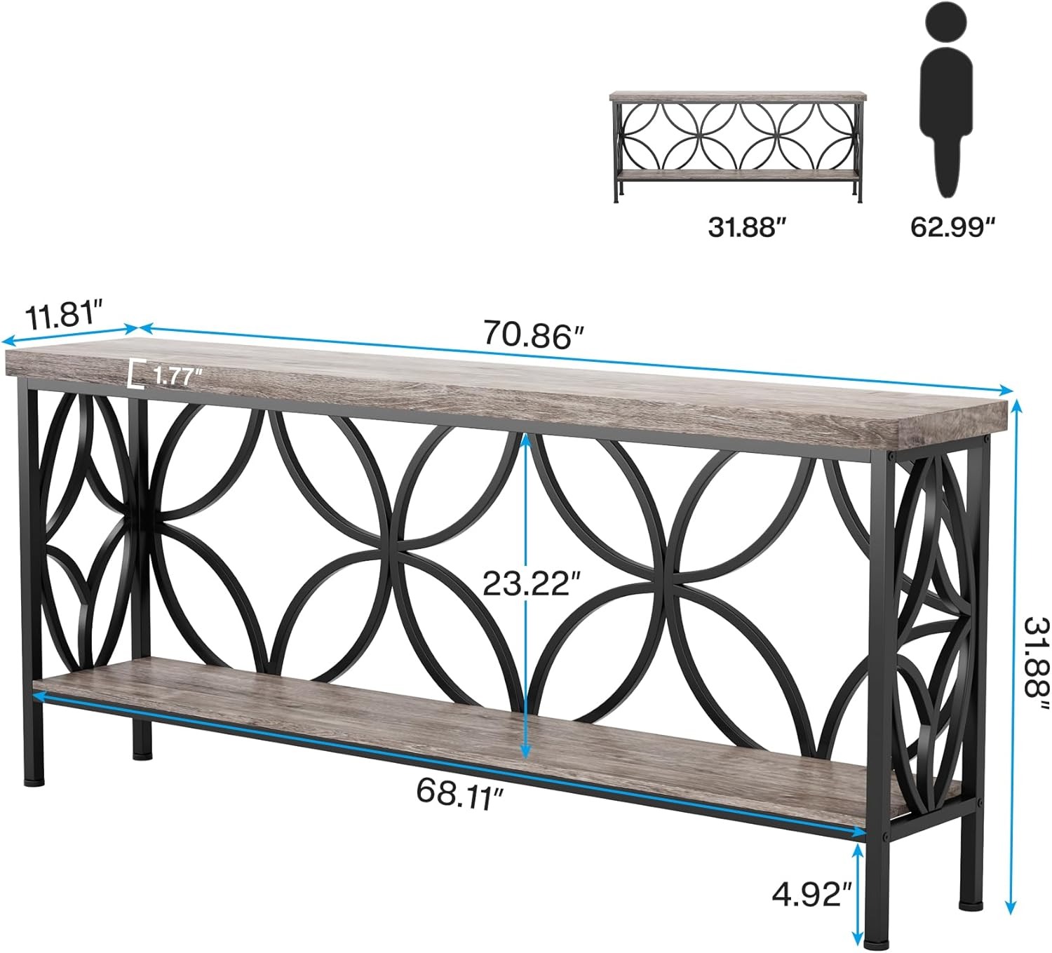 70.9-Inch Extra Long Narrow Sofa Table, Industrial Console Table Behind Couch With 2-Tier Storage, 198LBS Per Shelf, Slim Entry Table For Living Room, Foyer, Hallway