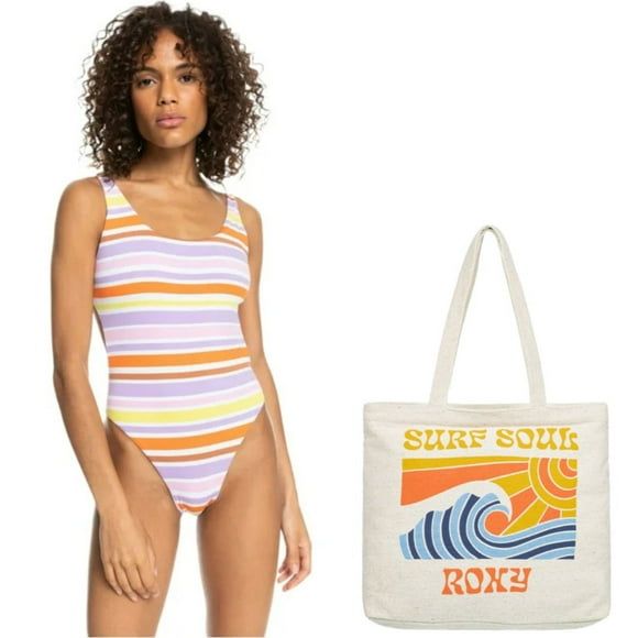 Paquete Traje de Baño Roxy Para Mujer Con Bolsa Blanca de Playa