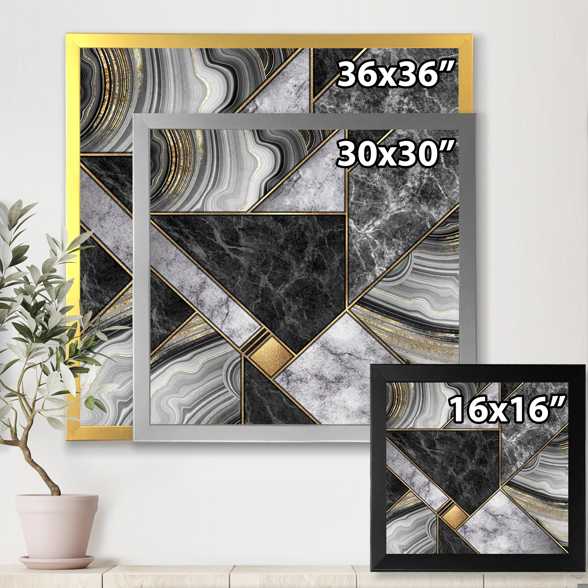 Designart 'Touches Of Gold With Marble Granite Agate' Modern Framed Art Print