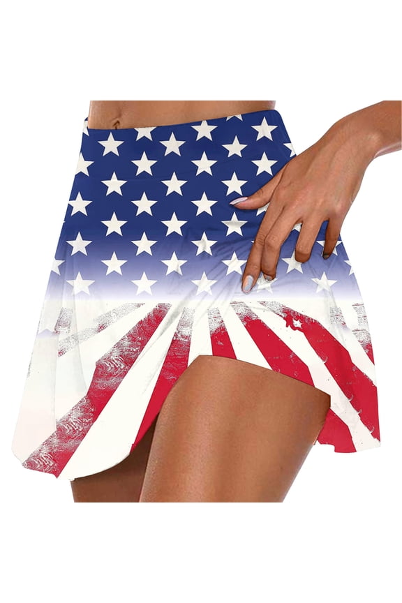 4th of July Skort Patriotic Skorts High Waist Vintage American Flag Culotte Athletic Yoga Tennis Fake Two Piece Trouser Skirt