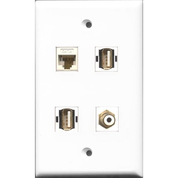 RiteAV 1 Port RCA White 2 Port USB A-A and 1 Port Cat6 Ethernet White Wall Plate