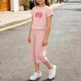 thumbnail image 5 of HOMBOM Girls Summer Outfits Heart Print Crew Neck Short Sleeve Top with Side Drawstring & Elastic Waist Capri Pants 2 Piece Casual Set Age 2-10Y,Pink,5-7 Years, 5 of 6