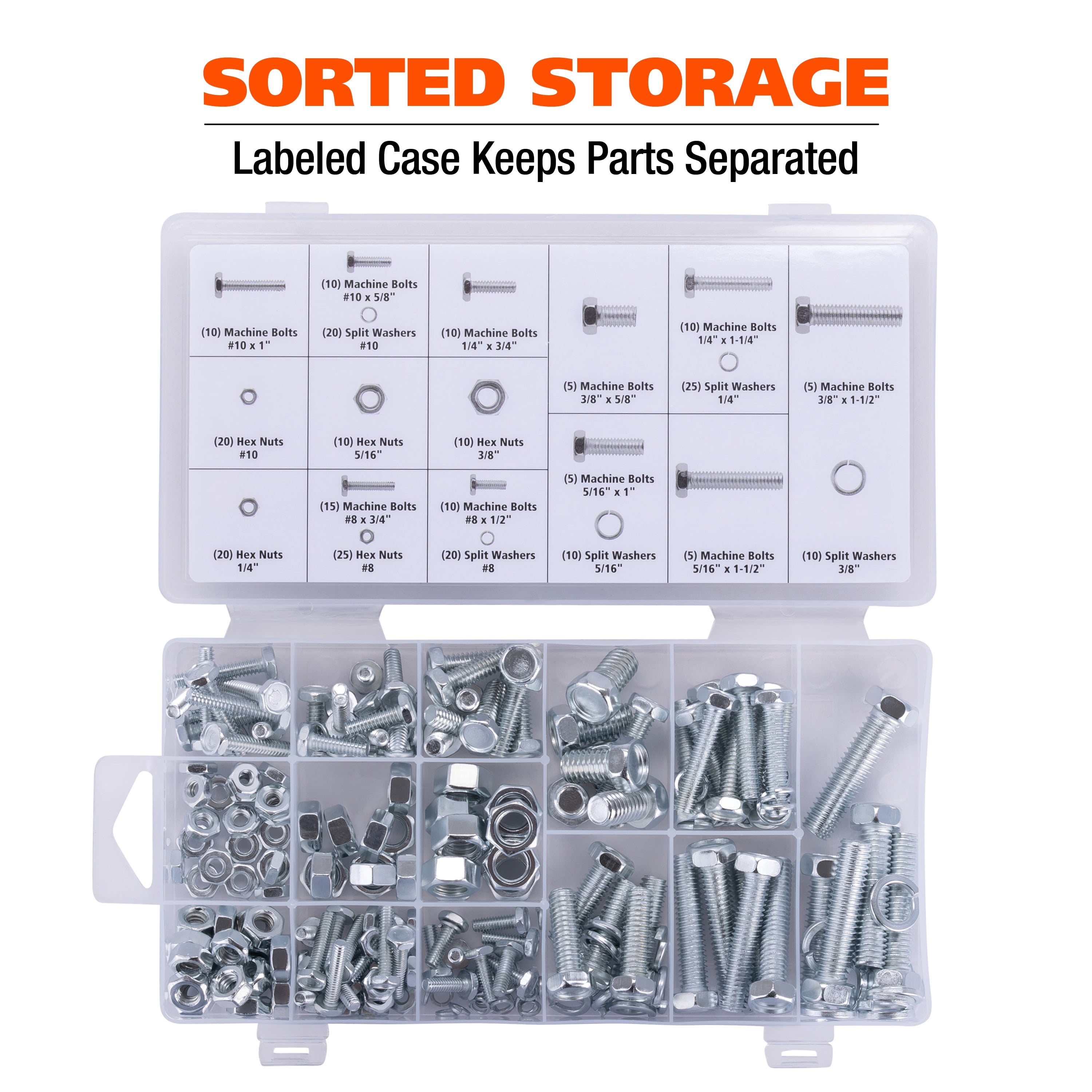 Great Neck Tools 255-Piece SAE Nut & Bolt Assortment Set, Silver, Machine Bolts, Hex Nuts, & Split Washers