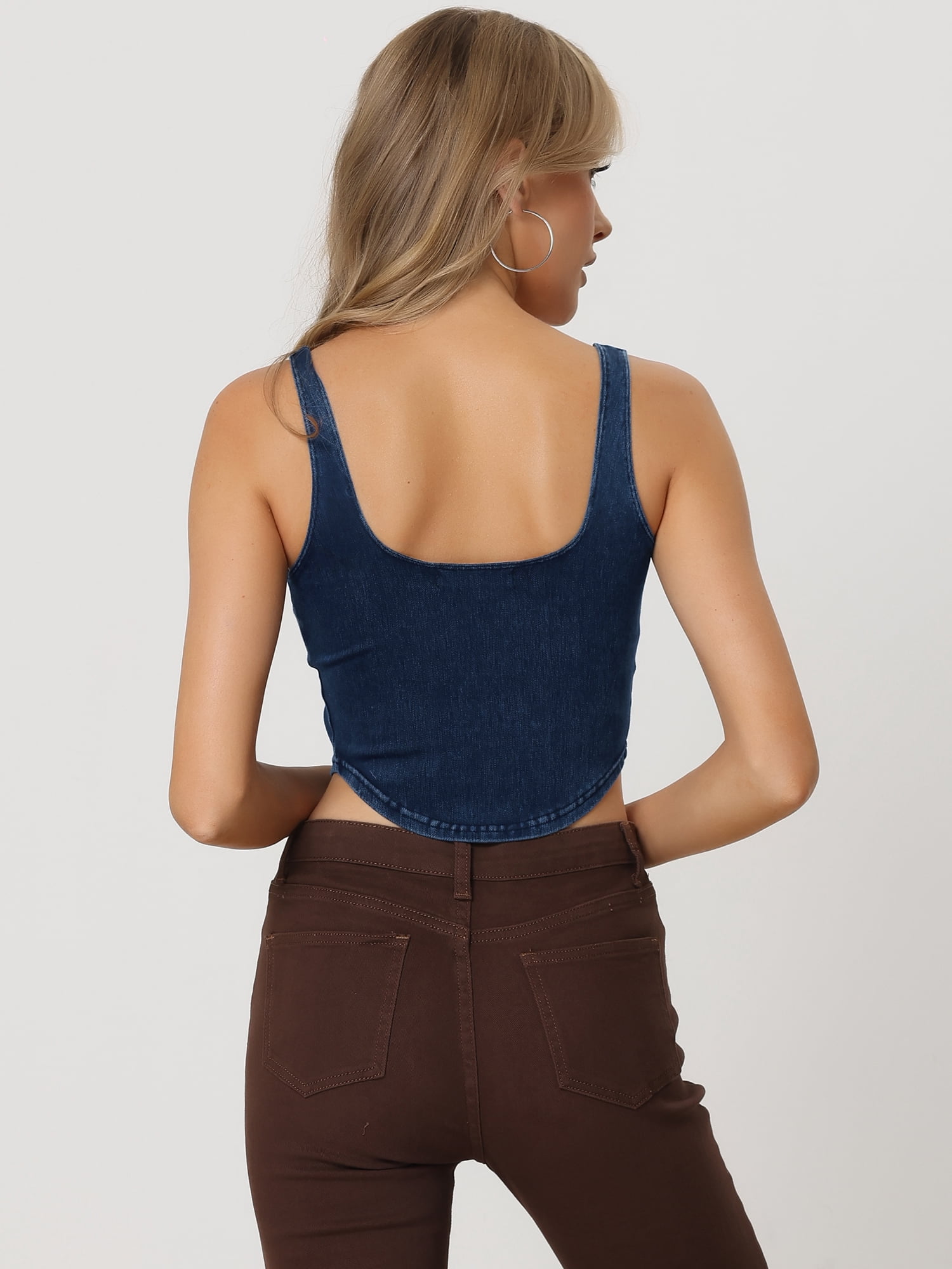Unique Bargains Women Denim Tank Top Scoop Neck Stretchy Cropped Jean Vest XS Dark Blue