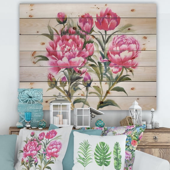 Designart 'Purple Peonies Flowers' Traditional Print on Natural Pine Wood