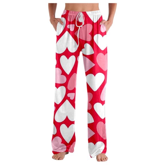 Valentines Pajama Pants Women Heart Print Casual Stretch Pjs Bottoms With Drawstring Soft Comfy Sleep Pants Lounge With Pockets Pink L