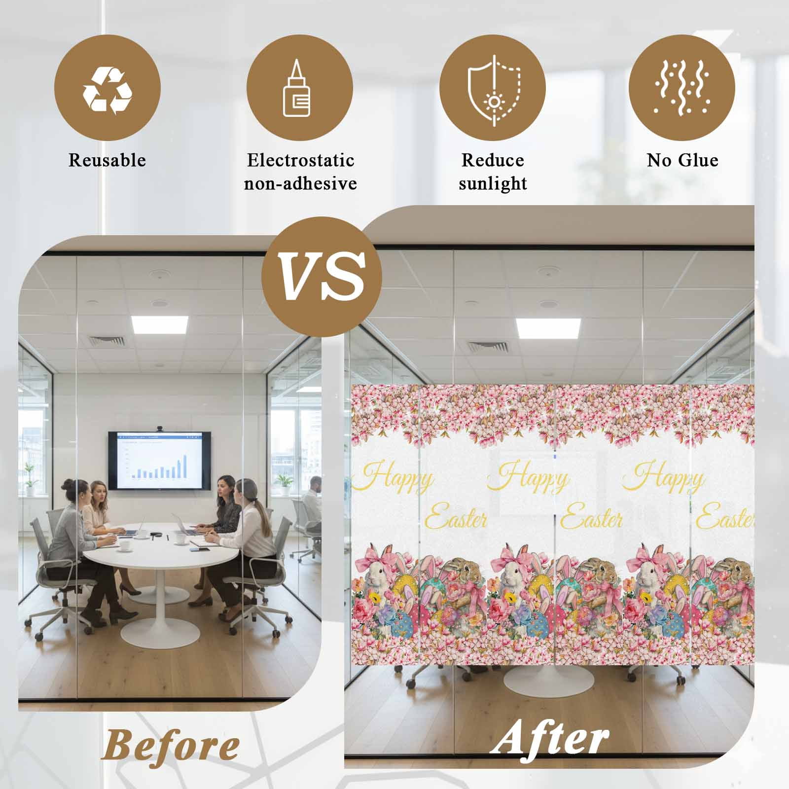 Happy Easter Window Privacy Film, Spring Bowknot Rabbits Flowers Eggs Frosted Glass Window Clings Static Cling UV Heat Blocking Reusable Door Sticker for Bathroom 35.4 x 78.7 Inch
