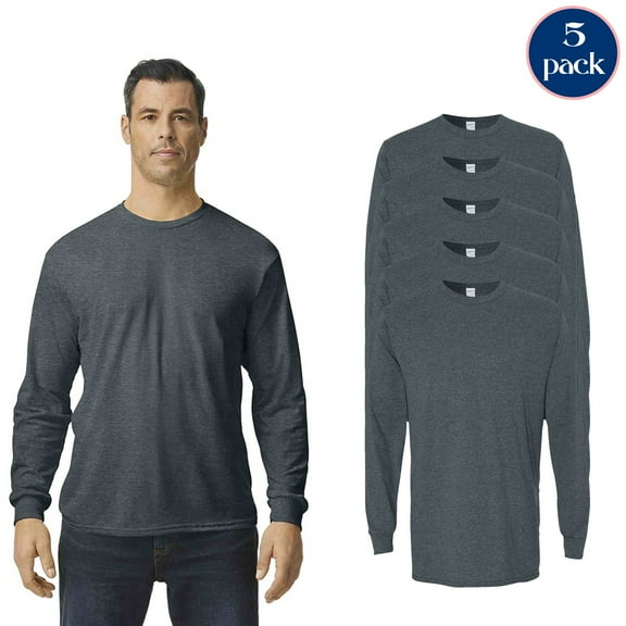 Gildan Heavy Cotton Long Sleeve T-Shirt, Men’s 5 Pack Tees, Dark Heather, S