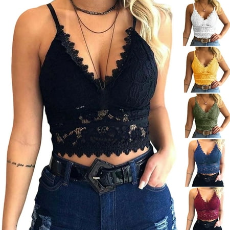 Sksloeg Lace Camisole for Women  Lace Scalloped Trim Bras Padded Bralette Plunge Wireless Longline Bra Pure Comfort Bras Black S