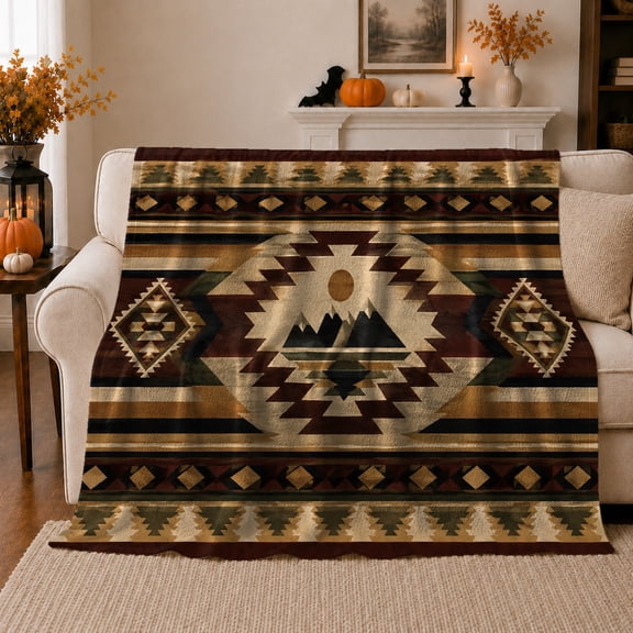 Southwestern Geometric Mountain Medallion, Peaceful Mountain Lake Scene, Warm Flannel Blanket for Cabin and Lodge, Outdoor Lovers Thanksgiving Gift, Artistic Home Decor