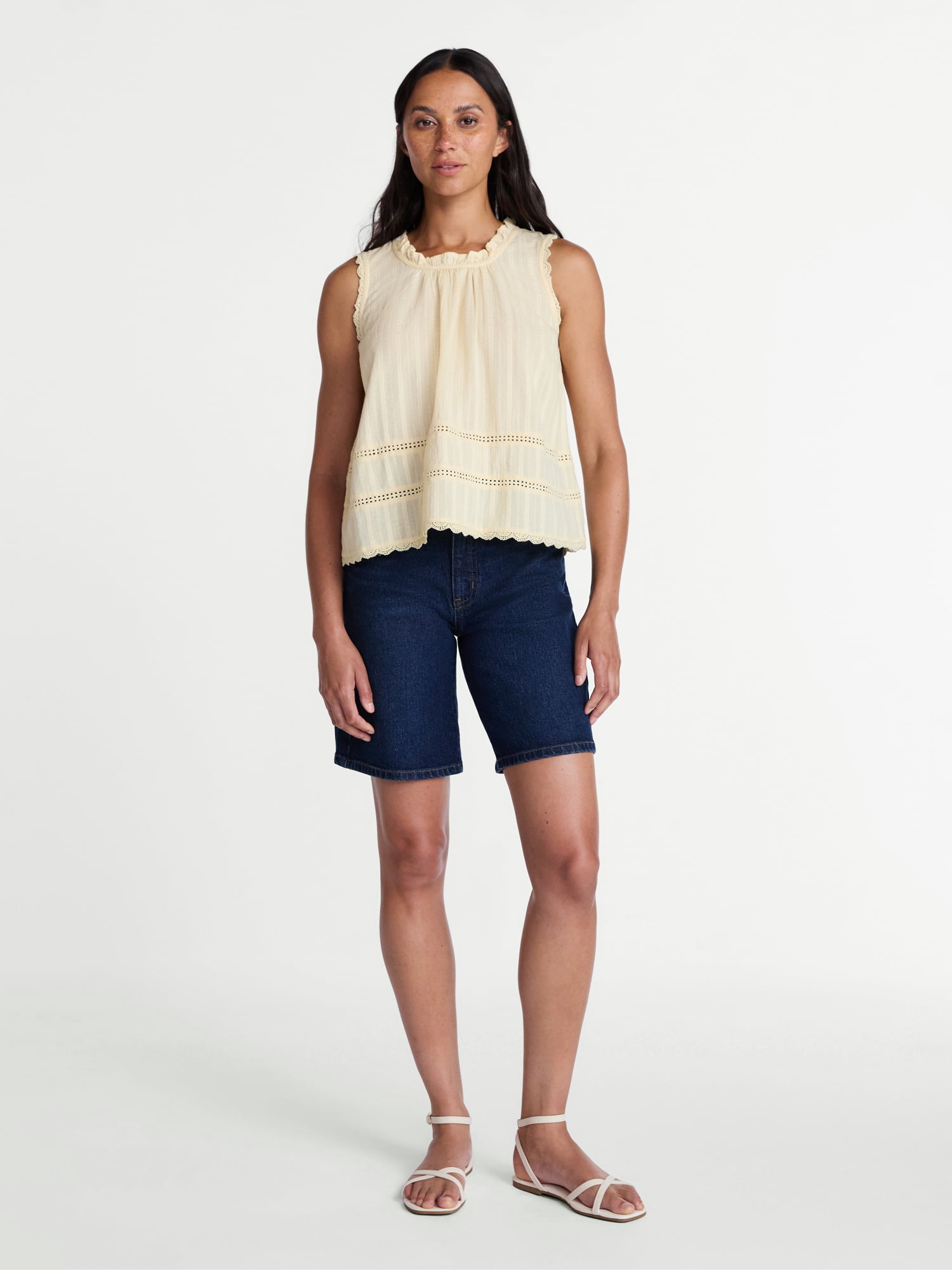 Time and Tru Women's Lace and Ruffle Cotton Tank Top, Sizes XS-XXXL