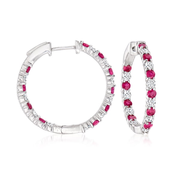 Ross-Simons 1.00 ct. t.w. Ruby and 1.00 ct. t.w. Diamond Inside-Outside Hoop Earrings in Sterling Silver, Women's, Adult