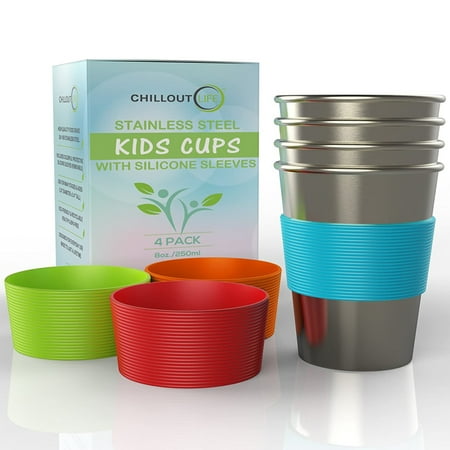Stainless Steel Kids Cups with Silicone Sleeves Set by Chillout Life for Kids - 4 x 8 oz Cup