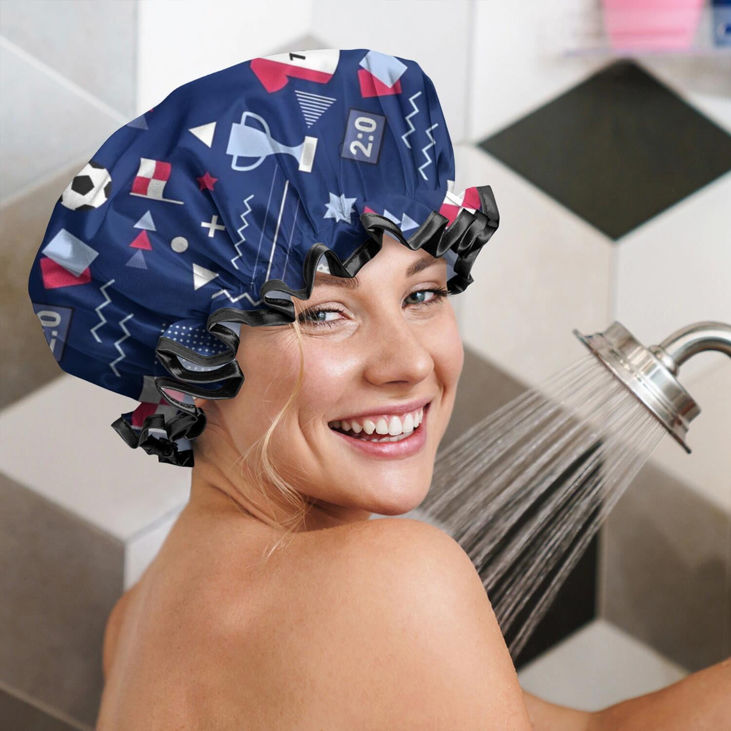 Shower Caps,Blue Soccer Elements Pattern Waterproof Shower Cap for Women 4 Pieces,Double Reusable Hair Cover for Shower PEVA Elastic Stretch Hem