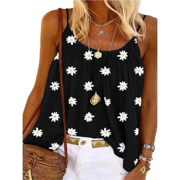 Sexy Dance S-3XL Summer Daisy Floral Print Casual Tunic Blouse Tops For Women Ladies Sleeveless Loose Cami Tank Vest Tops Ladies Holiday Party Beach Casual Print Cami Vest