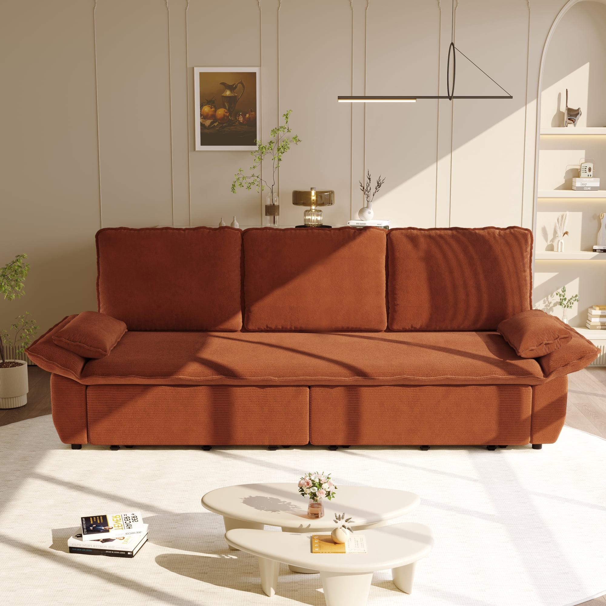 Leumius 94.5" Pull Out Sofa, King Size 3-in-1 Convertible Sleeper Sofa Bed, Multi-Functional Corduroy Bed for Living Room Bedroom Orange