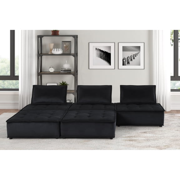 Miekor Furniture Anna 120" Black Velvet 5 Pc Sectional Sofa Ottoman W5U701