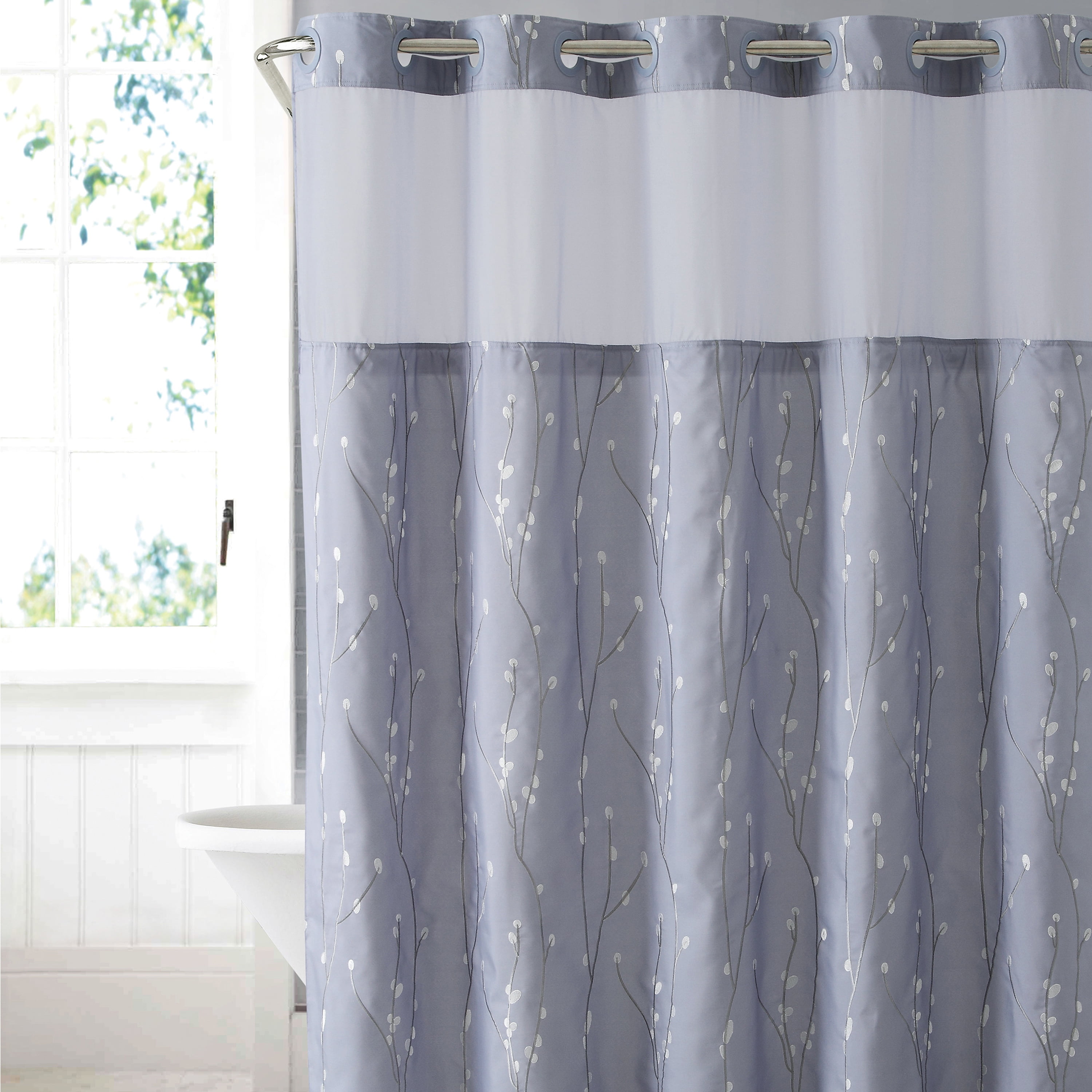 Purple Grey Cherry Bloom With Peva Liner Com Purple Grey Cherry Bloom With Peva, Hookless Palm Leaves Shower Curtain