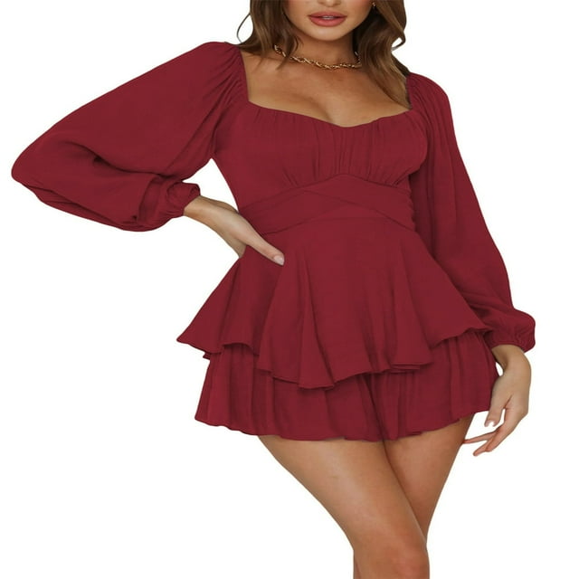 Women Puff Sleeve Off Shoulder Ruffle Romper Dress Built-in Shorts Layered Shorts Jumpsuit Fairy Mini Dress Playsuits