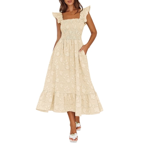 Merokeety Womens Summer Dresses Floral Square Neck Smocked Ruffle A Line Midi Dress With Pockets Apricot l