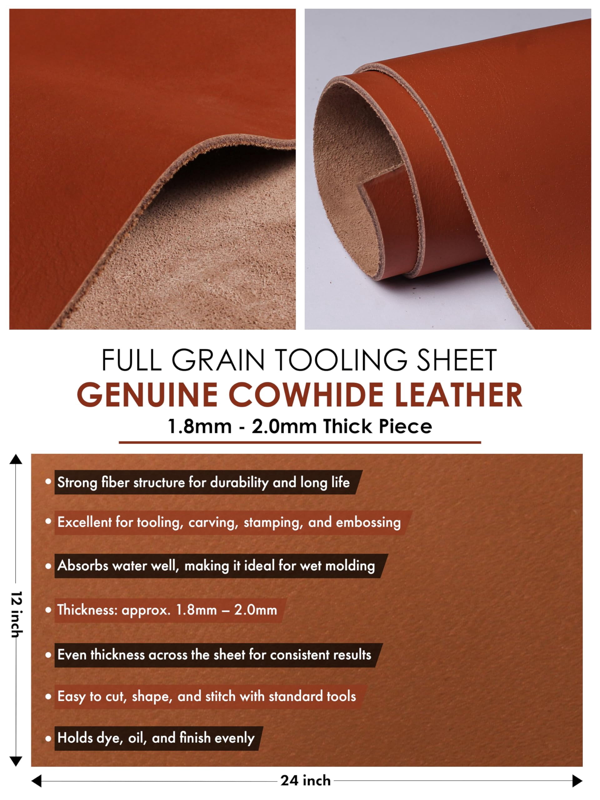 Genuine Leather Sheet for Crafts Full Grain Cowhide Crafting Tooling Leather Black 24x12
