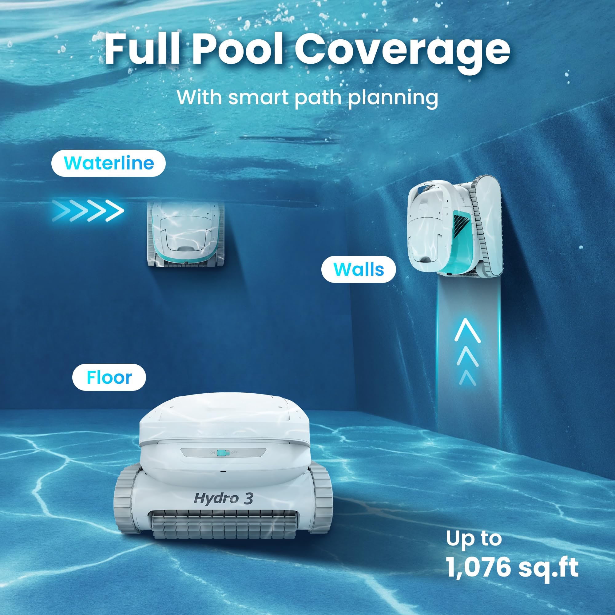Hydro 3 All-in-one Pool Vacuum Robot, 200mins Runtime Cordless Pool Cleaner, 150W Brushless Motor+Floor/Wall/Waterline Scrubber Brush,Ideal for Inground/Above-Ground Swimming Pools