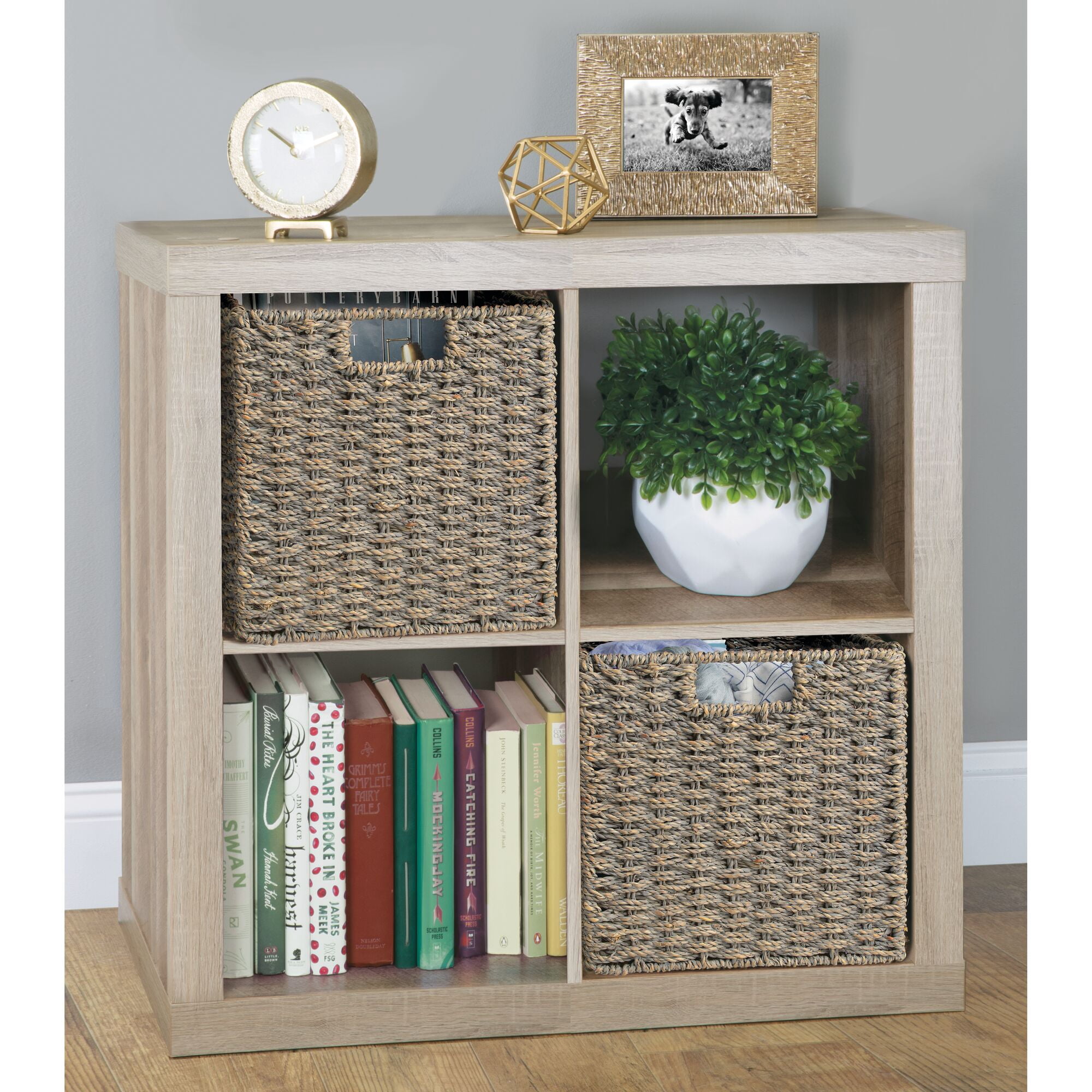 mDesign Seagrass Woven Cube Bin Basket Organizer, Handles, 4 Pack - Gray Wash