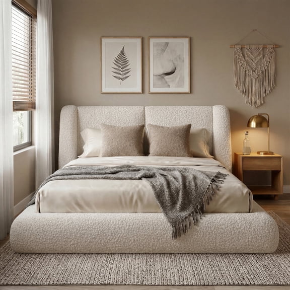 melmine Cloud Bed Frame Queen with Wingback Headboard Boucle Upholstered Platform Bed Frame with Headboard,White