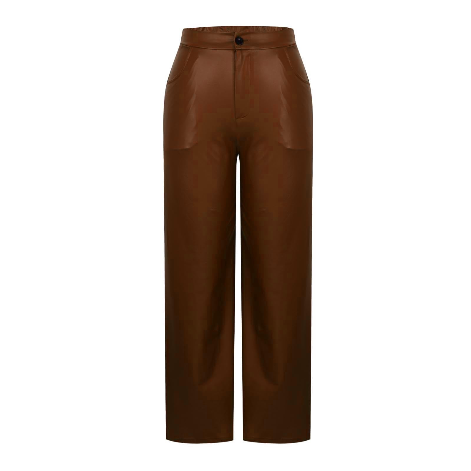 Moxiu Faux Leather Casual Pants Women High Waisted Button Elastic Loose Straight Leg Trousers for Party Club Date Night Brown,S