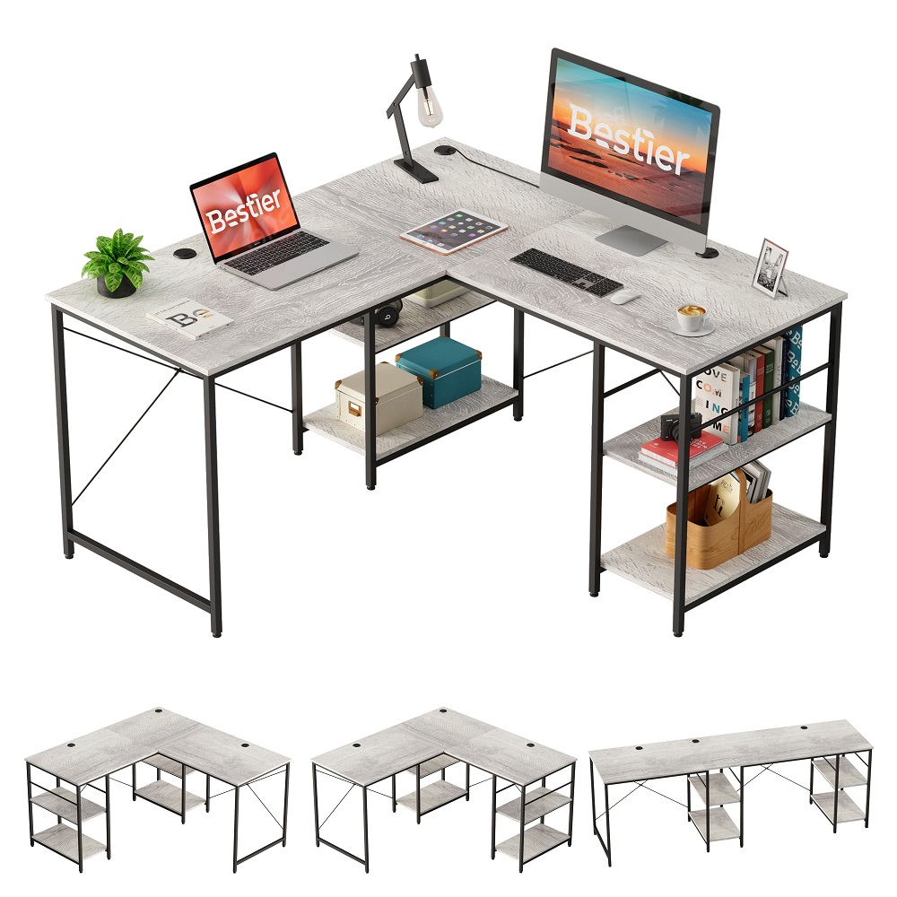 Bestier 86.6 inch Reversible L Shaped Desk with Shelves Grey - image 3 of 10
