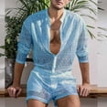 thumbnail image 2 of ZVNAΖH Men's Lace 2-Piece Set Geometric Crochet Long Sleeve Mandarin Collar Shirt & Shorts Summer Beach Vacation Outfit, 2 of 6