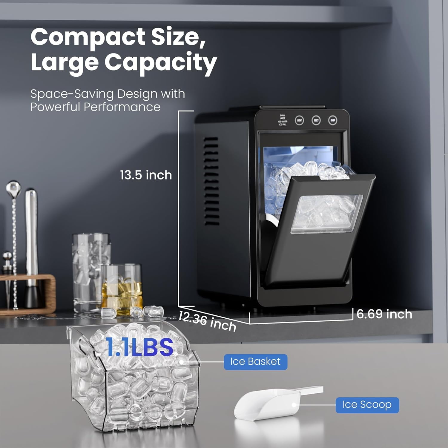WAA Black Portable Ice Maker for Multiple Scenes 6 Mins for 8 Ice Cubes,Self-Cleaning,Interior Lighting,with 2 Ice Sizes & Intelligent Reminders