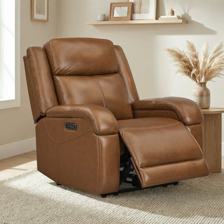 Spruce & Spring Genuine Leather Wall Hugger Power Recliner with Dual Motors, Saddle-Medium