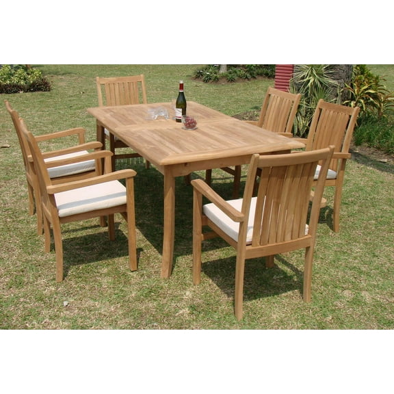 Teak Dining Set:6 Seater 7 Pc - 94" Rectangle Table And 6 Cahyo Stacking Arm Chairs Outdoor Patio Grade-A Teak Wood WholesaleTeak #WMDSCH7