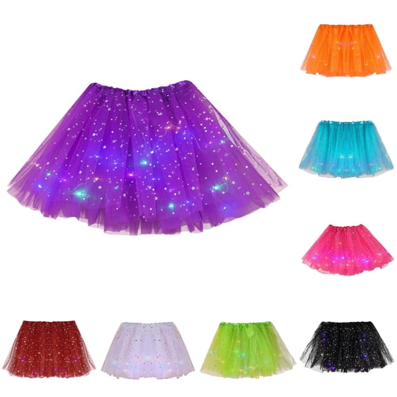 Women Star Sequins Mesh Pleated Skirt with LED Small Bulb Skirt Womens Plaid Skirt One Size