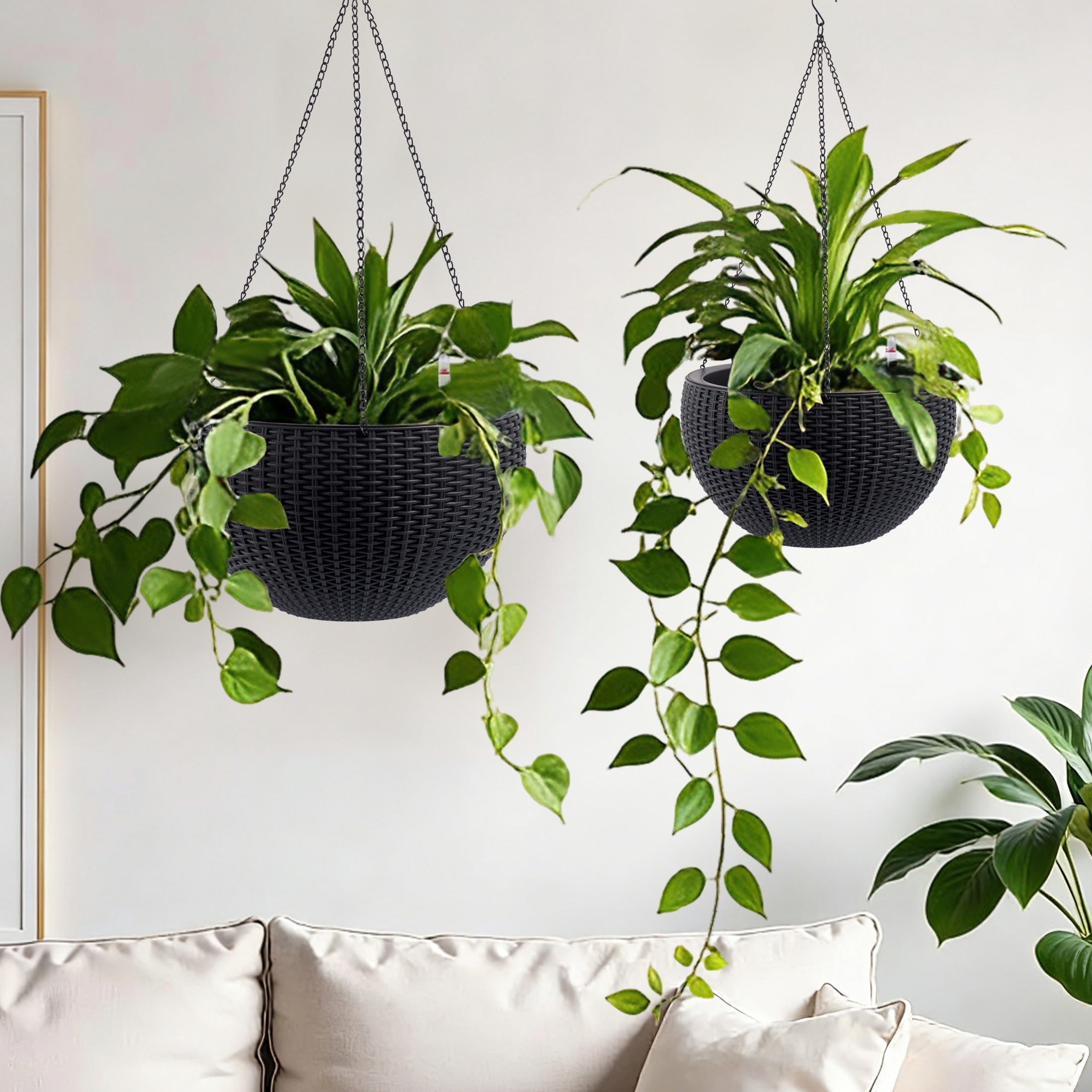 Noble House 2 Pack 13.4" Self-Watering Hanging Planters, Rattan-Style Flower Pots, Black