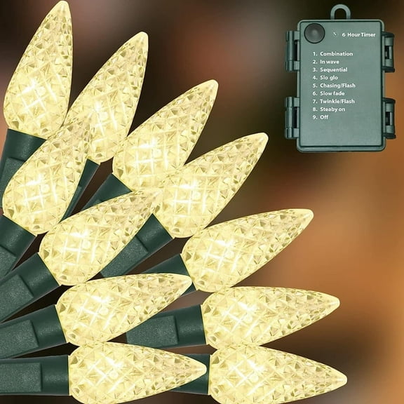 C6 Battery Operated Christmas Lights, 2 Pack 50 LED 17FT Christmas Lights with 8 Modes, Waterproof Christmas Decorations for Christmas Tree Wresth Garland Decor(Warm White)