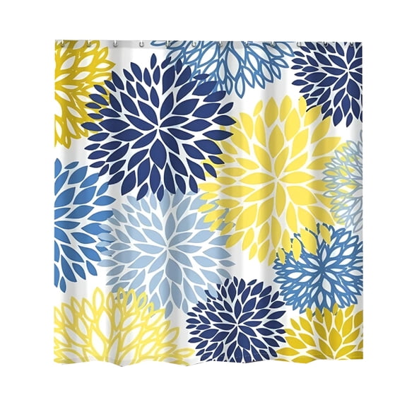 AUQ Dahlia Flower Shower Curtain,Floral Bathroom Decor,Waterproof Polyester Fabric Yellow Navy Blue Set,with 12 Hooks 72 x 72