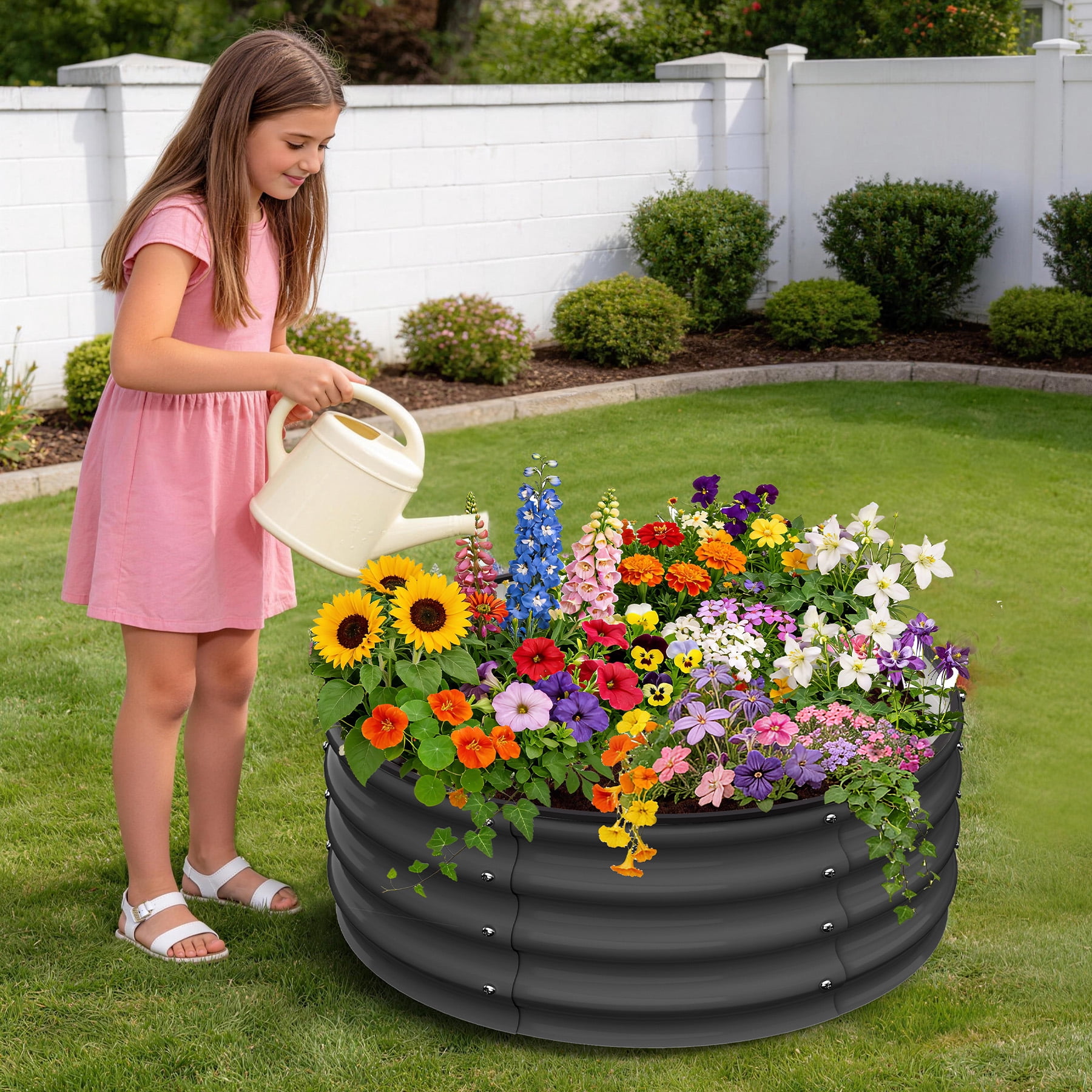 Garvee 2 Pcs Round Metal Raised Garden Bed, Galvanized Steel Planter Box, 2x2x1 FT Open-Bottom Outdoor Garden Bed with Safety Rubber Edging, Easy Assembly for Vegetables, Flowers, Herbs, Grey