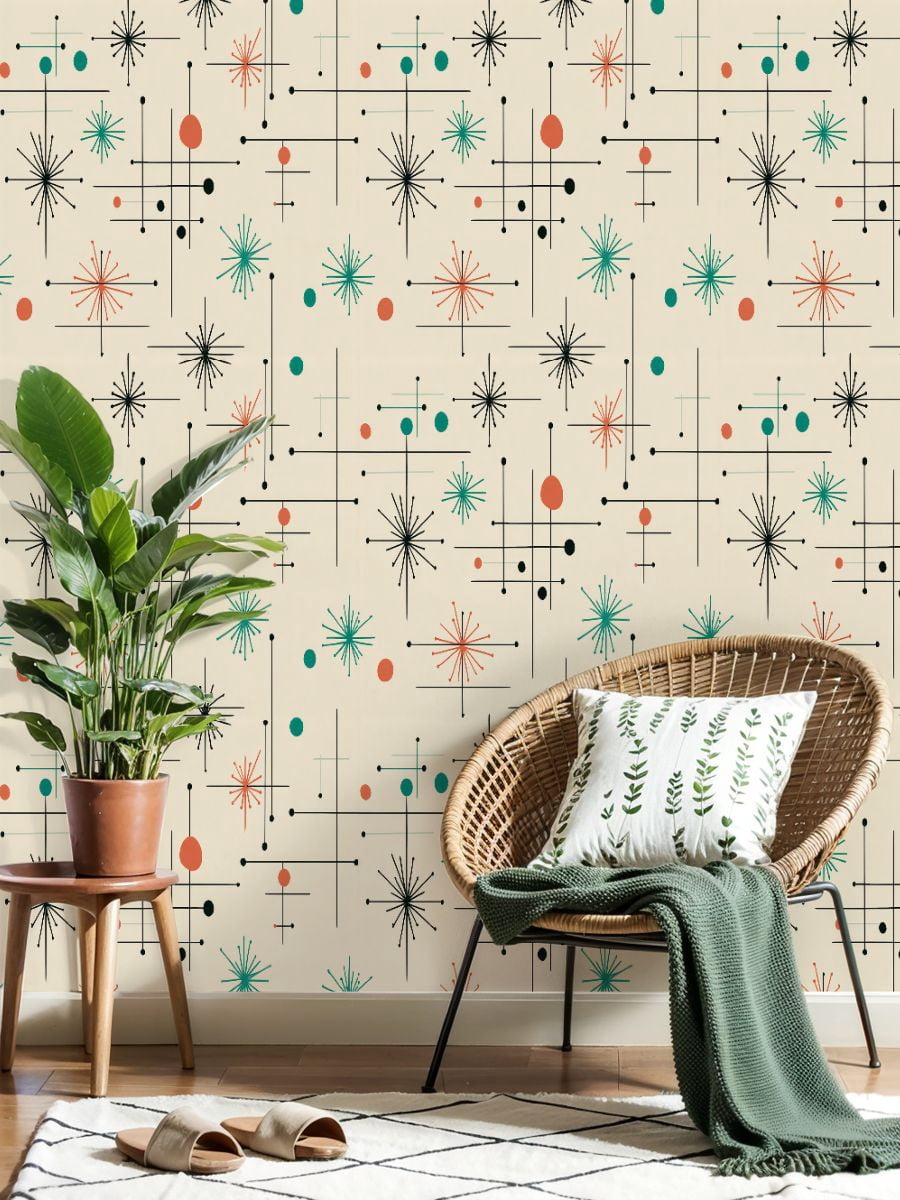 Peel and Stick Wallpaper 17.7in x 9.8ft Mid Century Modern Vintage Retro Mod Fifties Contact Paper Vinyl Waterproof Self Adhesive Wall Paper for Bedroom Shelf Cabinet Renter Friendly