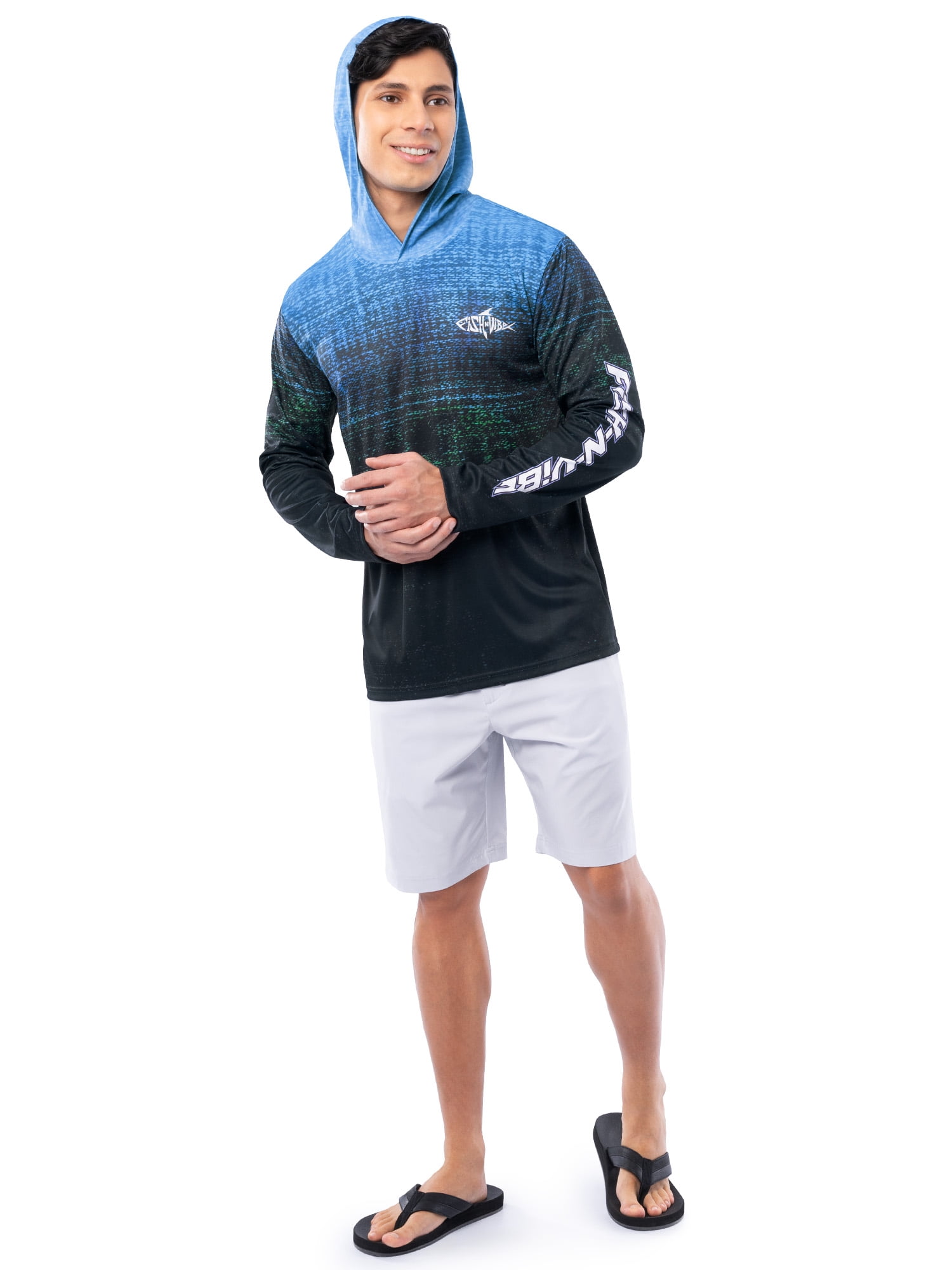 Fish N Vibe Men's Long Sleeve Performance UPF 30 Fishing Graphic Hoodie, Murky Walleye-Blue, L