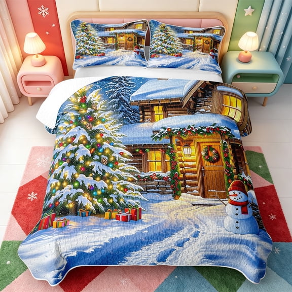 Manfei Cute Christmas Tree Quilt Full,Xmas Holiday Season Full Bedspread Sets,3 Pieces,1 Coverlet and 2 Pillowcases