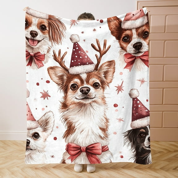 Christmas Dog Print Flannel Throw Blanket - Soft, Lightweight, Warm Polyester Knit Blanket for Bed, Sofa, Office, Camping & Travel - Contemporary Seasonal Decor