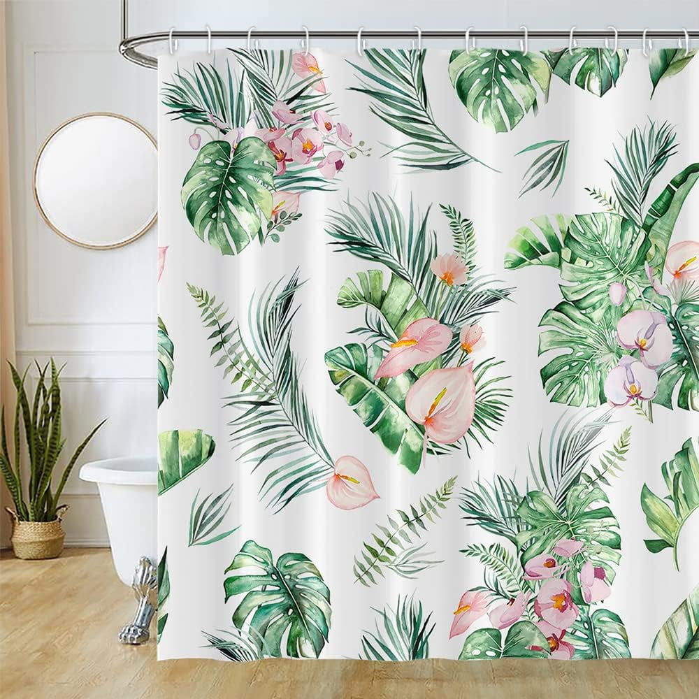 JOOCAR Green and Pink Shower Curtains Summer Tropical Palm Sage Leaves and Flowers Petal Shower