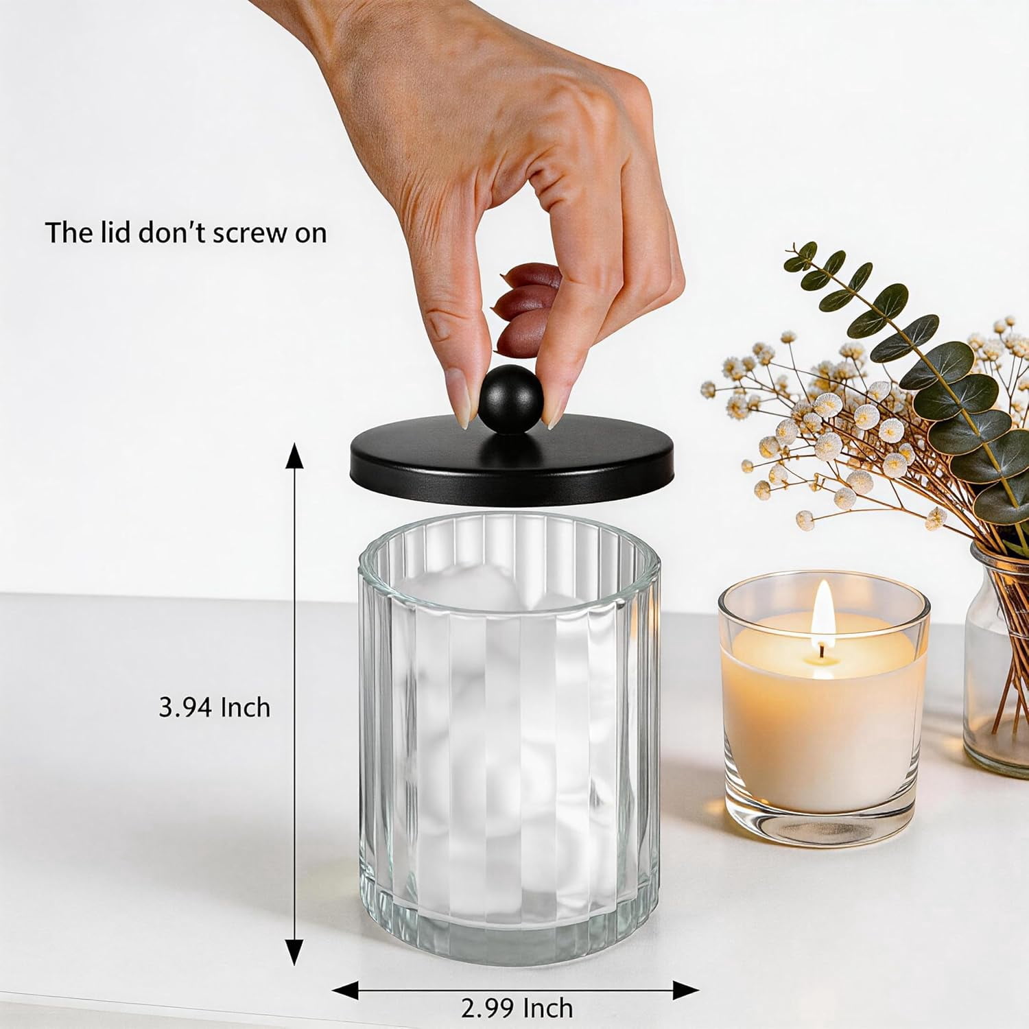 RGHJAR-Qtip Holder Dispenser for Cotton Swabs, Cotton Balls, Pads, Floss Picks, Clear Glass Canister Apothecary Jar, Bathroom Essential Accessories Decor, Bathroom Storage Organizer (Black, 4 Pack)