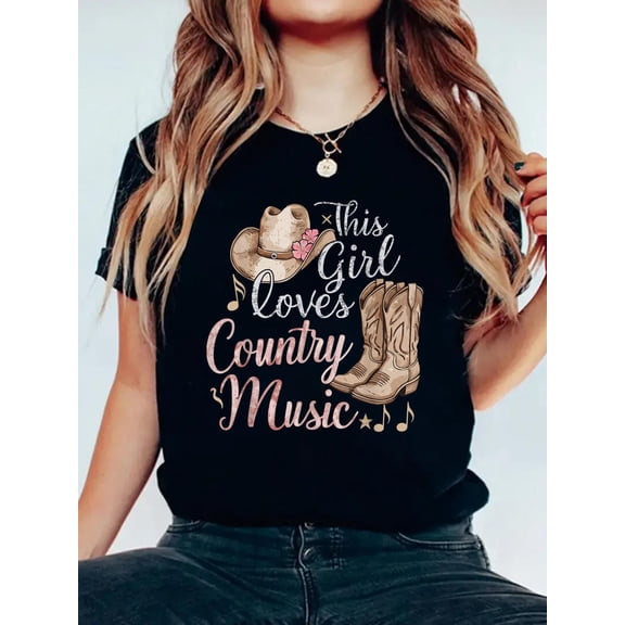 Cotton This Girl Loves Country Music T-Shirt Women's Graphic Tee Casual Tops