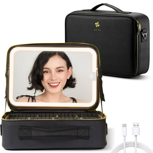 OMIRO Travel Makeup Bag with Large Light Up Mirror, Cosmetic Organiser Train Case with Adjustable Compartment, Gift for Women (Large, Black)