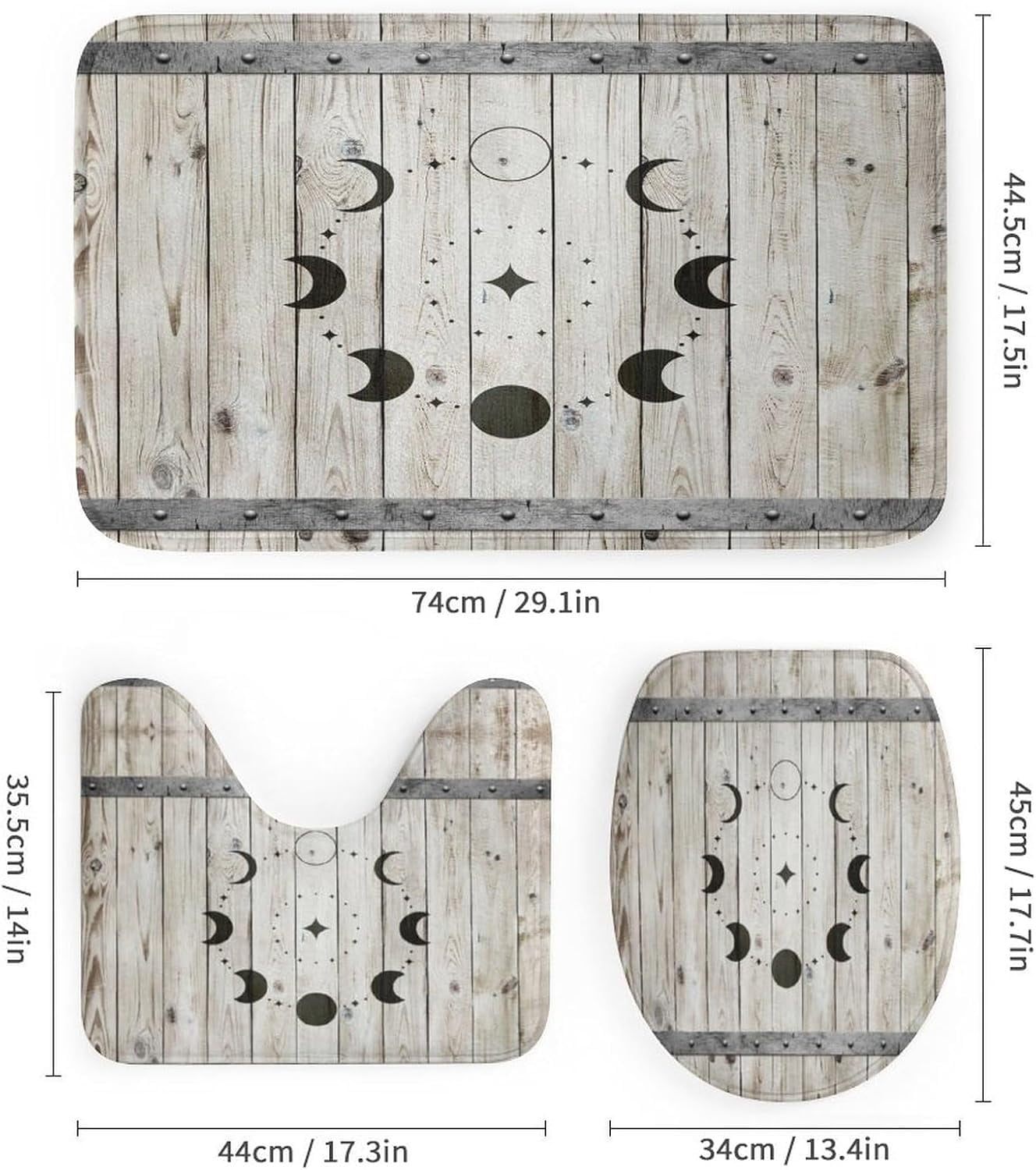 Country Barn Door 4 Pcs Shower Curtain set Bathroom Set Rustic Farmhouse Wooden Board Full Moon Shower Mat Shower Curtain with Rug 12 Hooks,72" W x 72" L