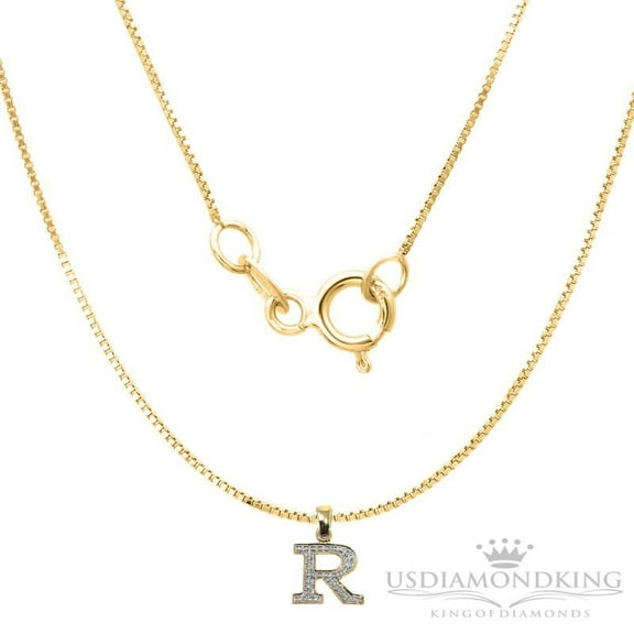 10KT YELLOW GOLD .10CT GENUINE REAL DIAMOND " R " INITIAL LETTER WITH 18" BOX CHAIN NECKLACE